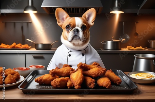 Bulldog dog in white chef's uniform stands at tray of fried chicken against background of restaurant kitchen © Anna