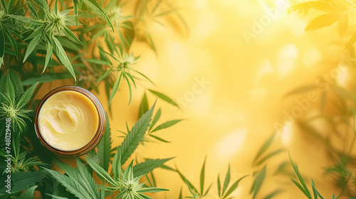 Hemp cosmetic cream with hemp leaves on yellow background, top view  photo