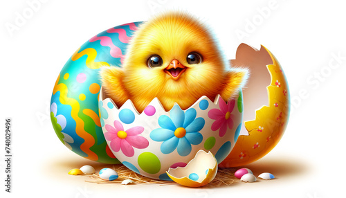 Easter holidays surprise. Fluffy yellow chick emerging from of brightly colored, cracked Easter egg adorned with flowers and dots isolated on white background. Ideal for Easter and spring themes.