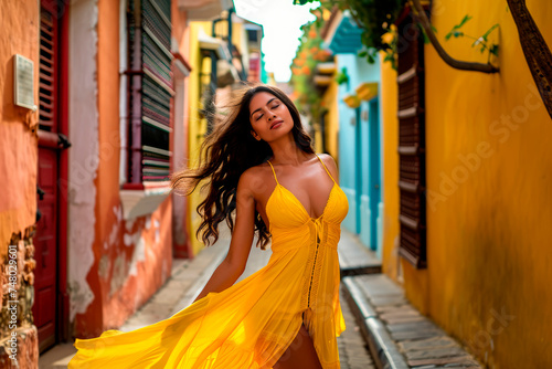 Captivating Cartagena: The Allure of Women in Yellow Dresses Illuminating the Picturesque Cobblestone Streets of this Charming Colombian City of Latin America. © Mr. Bolota