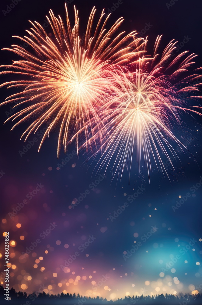 Fototapeta premium Urban Skyline with Dazzling Fireworks Display