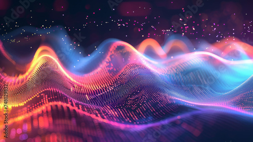 Vibrant digital waves on dark background - This image depicts flowing waves consisting of bright multicolored particles on a dark backdrop, illustrating motion and energy