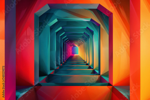 Vibrant geometric abstraction of a hallway - Abstract artwork portraying a long hallway using vivid geometric shapes  evoking a sense of depth and modernity