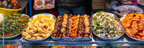 Vibrant street food market in Asia - A lively street food market scene in Asia, bursting with color and offering a variety of exotic local dishes, inviting you to indulge in cultural flavors