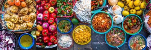 Vibrant street food market in Thailand - This image captures an array of traditional Thai street foods delicately arranged in a bustling market setting, showcasing the country's rich culinary culture photo