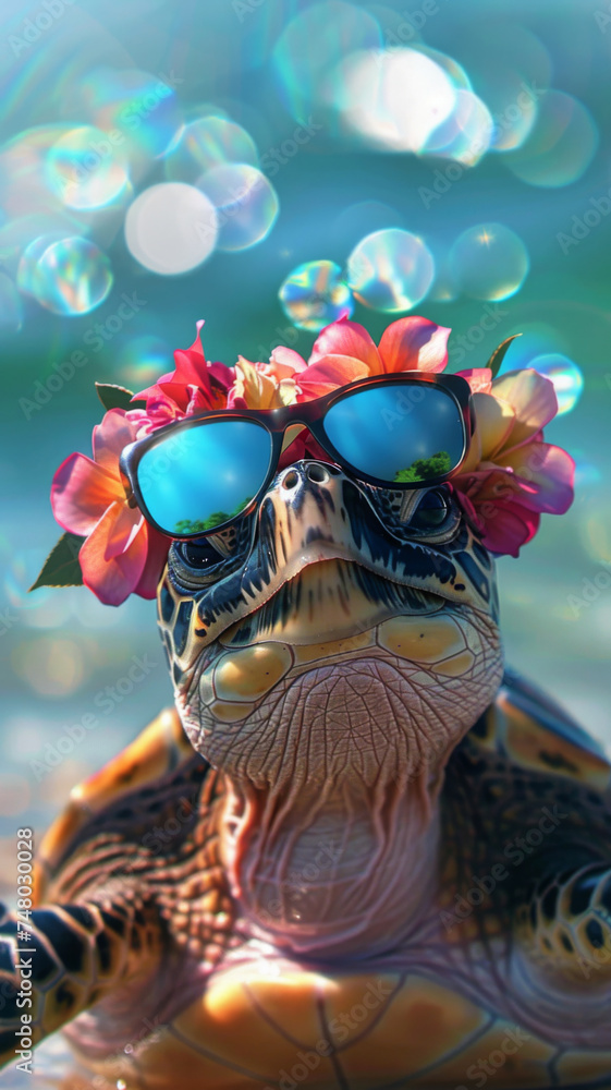 Stylish turtle with sunglasses and flower crown - A fun and vibrant image of a turtle donning sunglasses and a crown of flowers, symbolizing a carefree laid-back attitude and joy