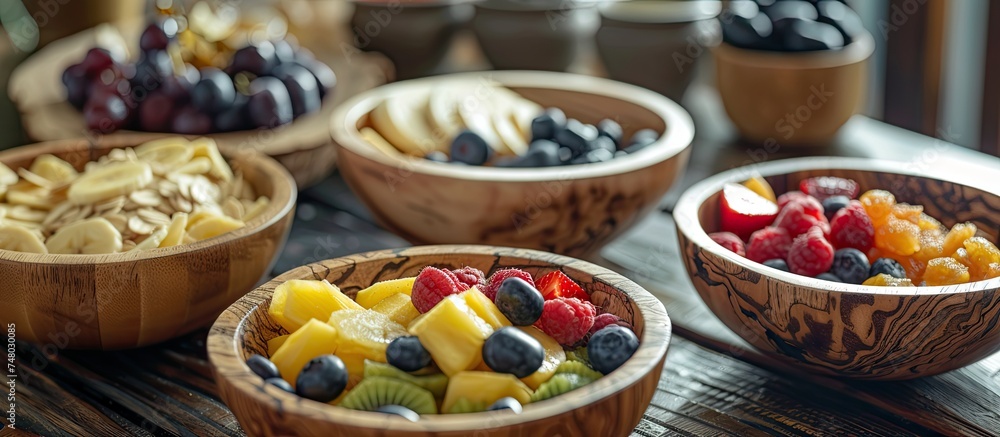 A wooden table is covered with various wooden bowls filled with an assortment of fresh and dehydrated fruits, making for a delicious and nutritious morning meal.