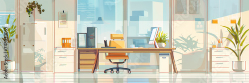 Sunny modern office illustration with no people - A bright contemporary office space illustrated in a clean and minimalist art style with plants and sunlight