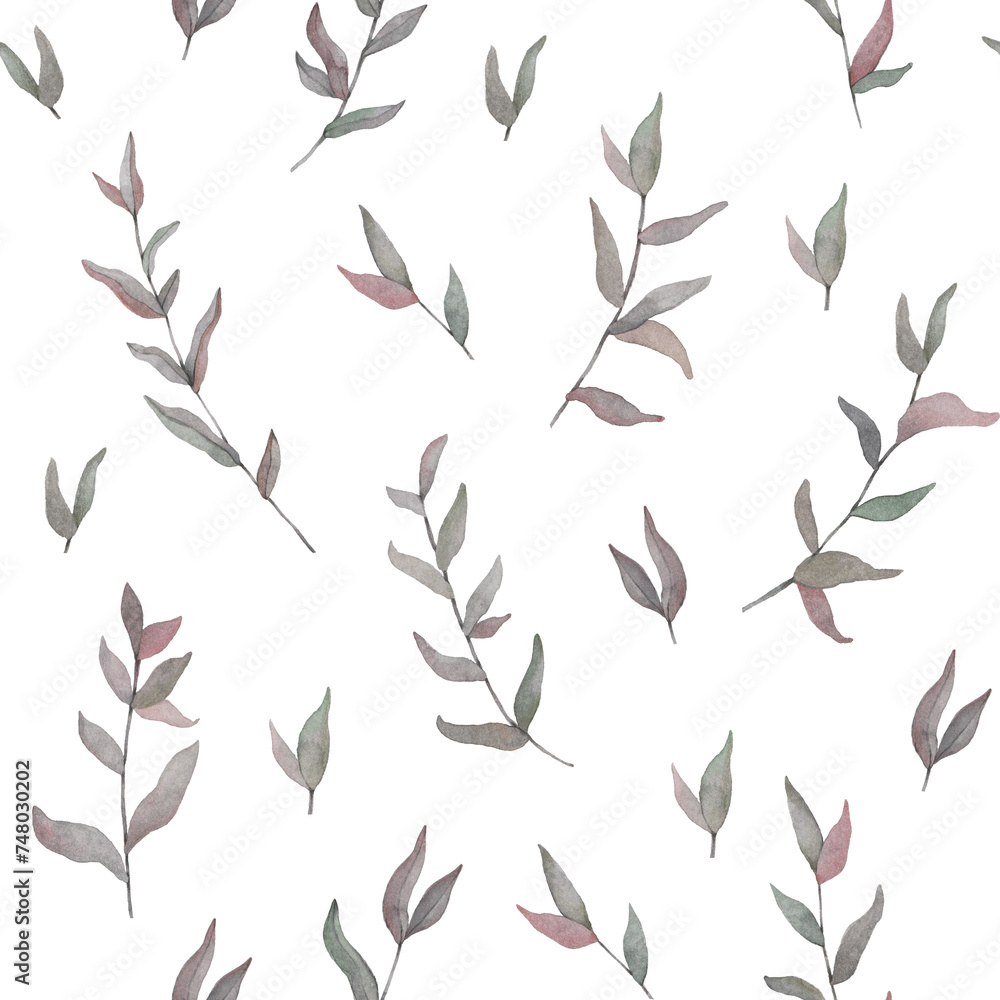 A pattern from an illustration of watercolor gray twigs with leaves. It was drawn by hand. - obrazy, fototapety, plakaty 