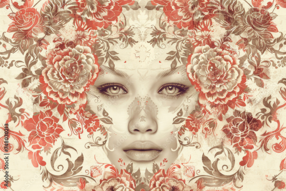 Symmetrical floral face illustration - An artistic illustration of a woman's face symmetrically blended with floral patterns and elements