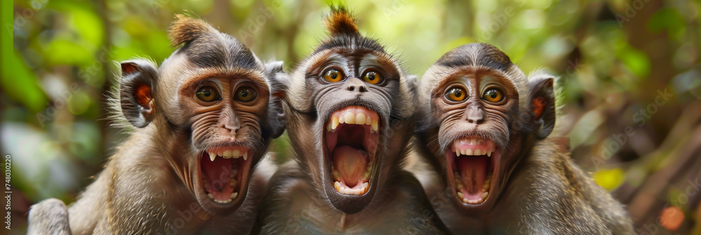Three monkeys with blocked facial expressions - Trio of monkeys with comically surprised looks, set against a vibrant jungle backdrop