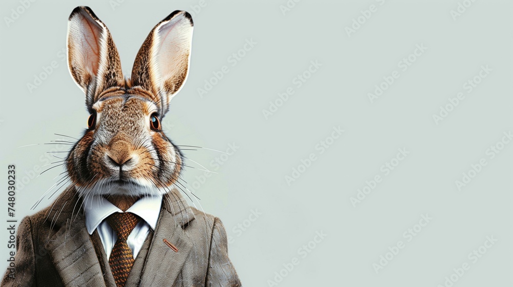 a rabit wearing a suit with a tie on a plain white background on the ...