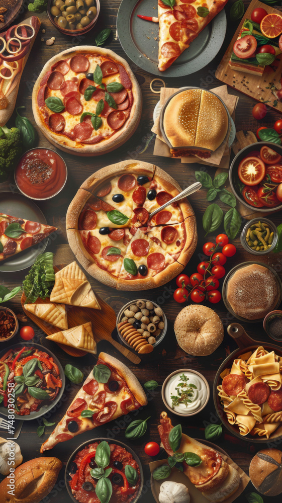 Top view of various delicious Italian dishes - Overhead shot of various Italian dishes like pizza and pasta with rich details and vibrant colors, depicting indulgence and Italian cuisine