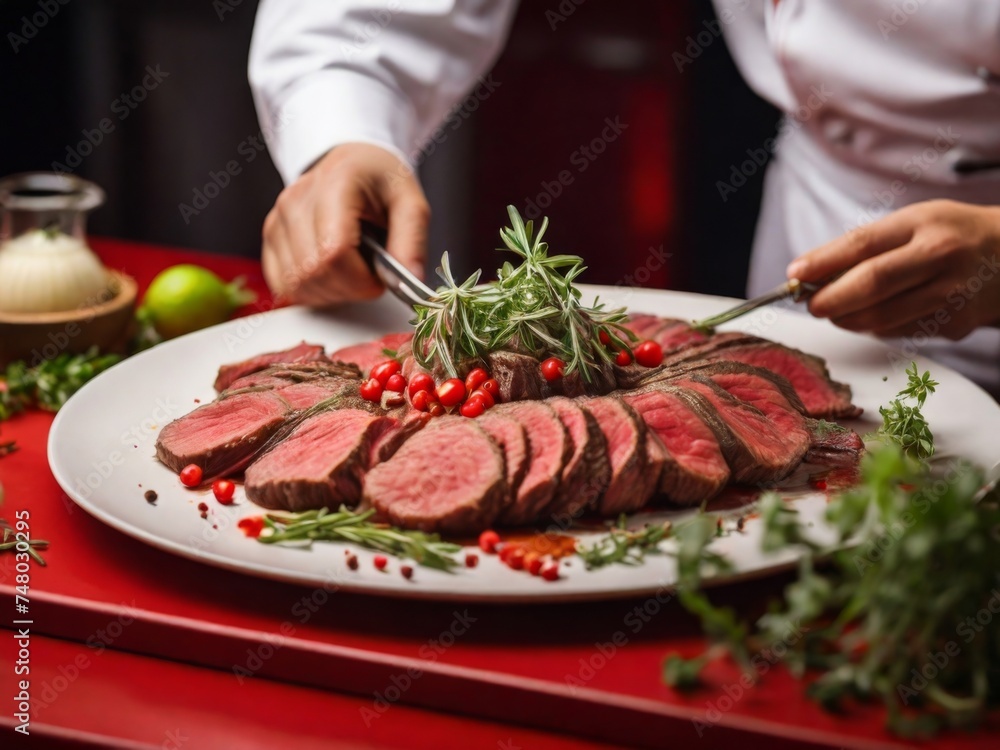 Chef garnishing cooked beef slices with fresh herbs on the red table