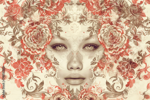Symmetrical floral face illustration - An artistic illustration of a woman's face symmetrically blended with floral patterns and elements