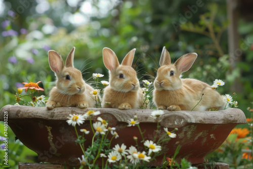 Three bunnies sharing a moment in a birdbath - A tender scene of three little rabbits sharing a bonding moment inside a rustic, mossy garden birdbath