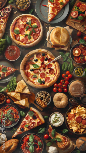 Top view of various delicious Italian dishes - Overhead shot of various Italian dishes like pizza and pasta with rich details and vibrant colors  depicting indulgence and Italian cuisine