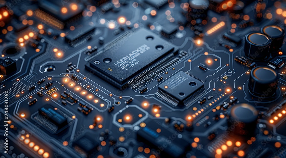 hardware chip isolated on black background electrical circuit board rendering abstract computer, neon-infused digitalism. Generative AI. hardware chip isolated on black background electrical circuit board rendering abstract computer, neon-infused digitalism. Generative AI.