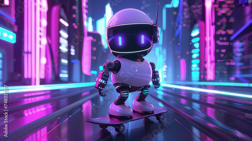 Charming robotic character on a skateboard, neon cyber-city background, 3D style photo
