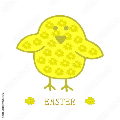 Bright illustration with flower chicks. Postcard. Easter.