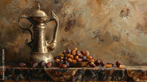 Dates fruits accompanied by an Arabic coffee pot