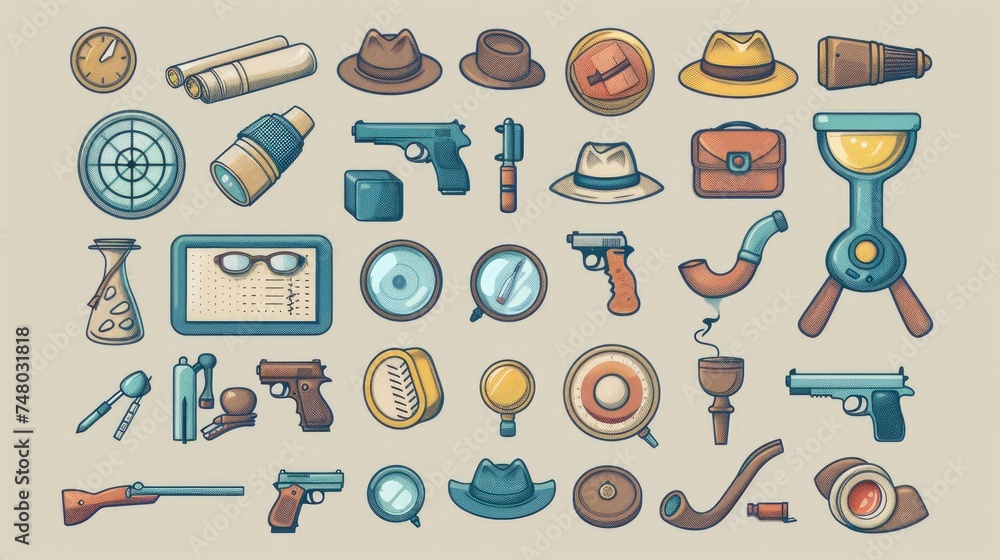 A vector set of detective icons featuring various elements such as a magnifying glass, cap, binoculars, gun, radar, hat, notepad, pipe, and more