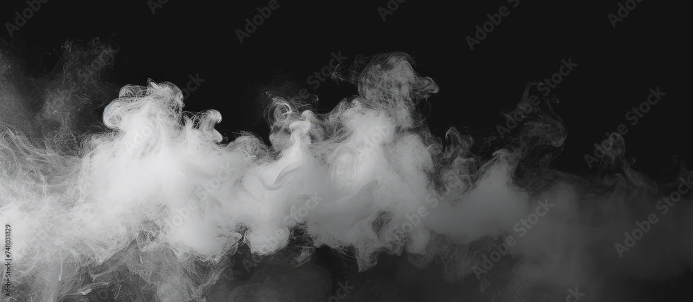 This black and white image showcases billowing smoke creating abstract patterns against a stark black backdrop. The smoke appears to have a sense of movement and depth as it disperses in the air. This black and white image showcases billowing smoke creating abstract patterns against a stark black backdrop. The smoke appears to have a sense of movement and depth as it disperses in the air.