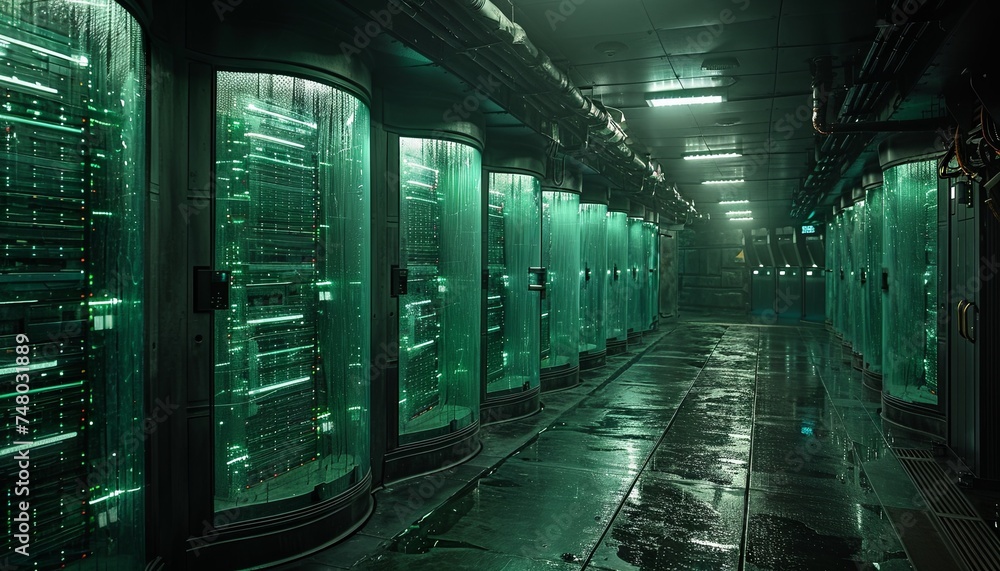 a long storage area with many servers in a dark room, in the style of technological marvels, glassy translucence, commercial imagery, glazed surfaces. Generative AI
