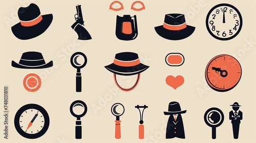 Black flat design vector illustrations of detective icons photo