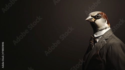 a sparrow wearing a suit with a tie on a plain black background on the left side of the image and the right side blank for text photo