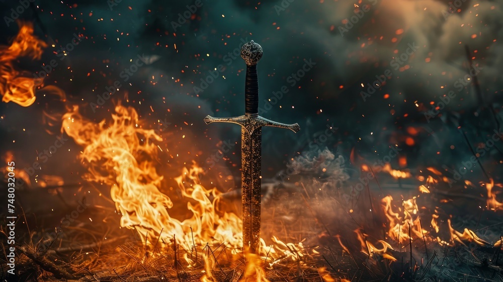 A striking photo capturing a sword engulfed in flames A striking photo capturing a sword engulfed in flames