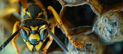A close-up view of a yellow and black insect showcasing intricate details in its body. The insect appears to be stationary  perhaps resting or searching for food.