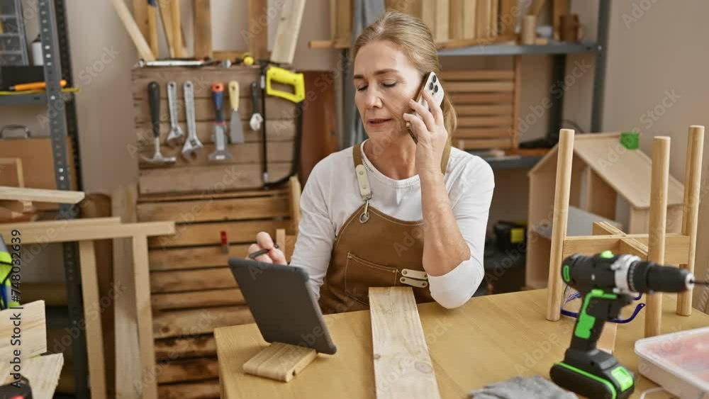 A mature woman carpenter in a workshop multitasks, using a tablet and phone while surrounded by wooden furniture and tools. A mature woman carpenter in a workshop multitasks, using a tablet and phone while surrounded by wooden furniture and tools.