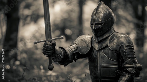A black and white old-style photo featuring a medieval knight clad in armor, wielding a sword, evoking the atmosphere of battles or tournaments
