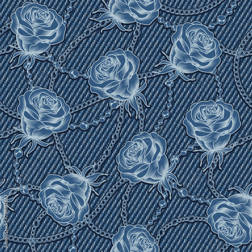 Denim floral seamless pattern with buds of roses. Flowers with chains on blue jeans texture. For prints, clothing, t shirt, surface design. Monochrome inverted negative illustration. Vintage style