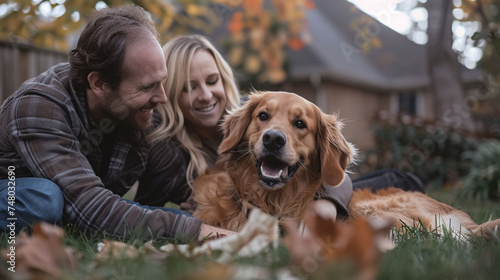The genuine happiness of a family enjoying quality time with their golden retriever in the backyard.