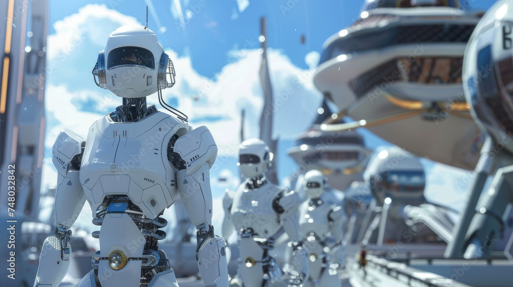 Humanoid robots leading construction of a futuristic spaceport, spaceships docked, high-tech ambiance Humanoid robots leading construction of a futuristic spaceport, spaceships docked, high-tech ambiance