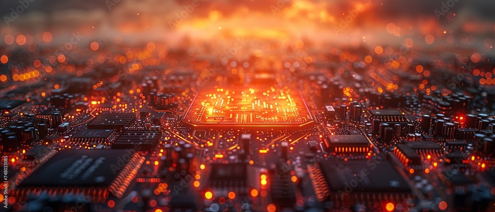 computer circuit board and electronic components stock photo, in the style of dark sky-blue and light orange. Generative AI computer circuit board and electronic components stock photo, in the style of dark sky-blue and light orange. Generative AI