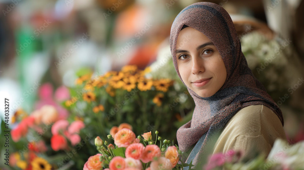 Mujer joven con hiyab trabajando en una floristeria