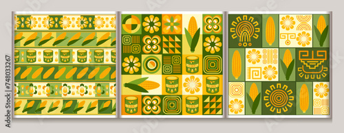 Seamless geometric patterns with icons of corn cob, corn grains, cans, ethnic mesoamerican ornament, shapes. For branding, decoration of food package, decorative print for kitchen.