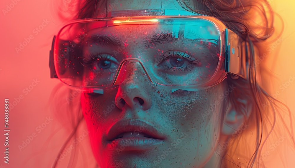 A woman wearing virtual reality glasses is reaching up their hand, in the style of light white and light azure, site-specific work, bold chromaticity, youthful protagonists. Generative AI. A woman wearing virtual reality glasses is reaching up their hand, in the style of light white and light azure, site-specific work, bold chromaticity, youthful protagonists. Generative AI.
