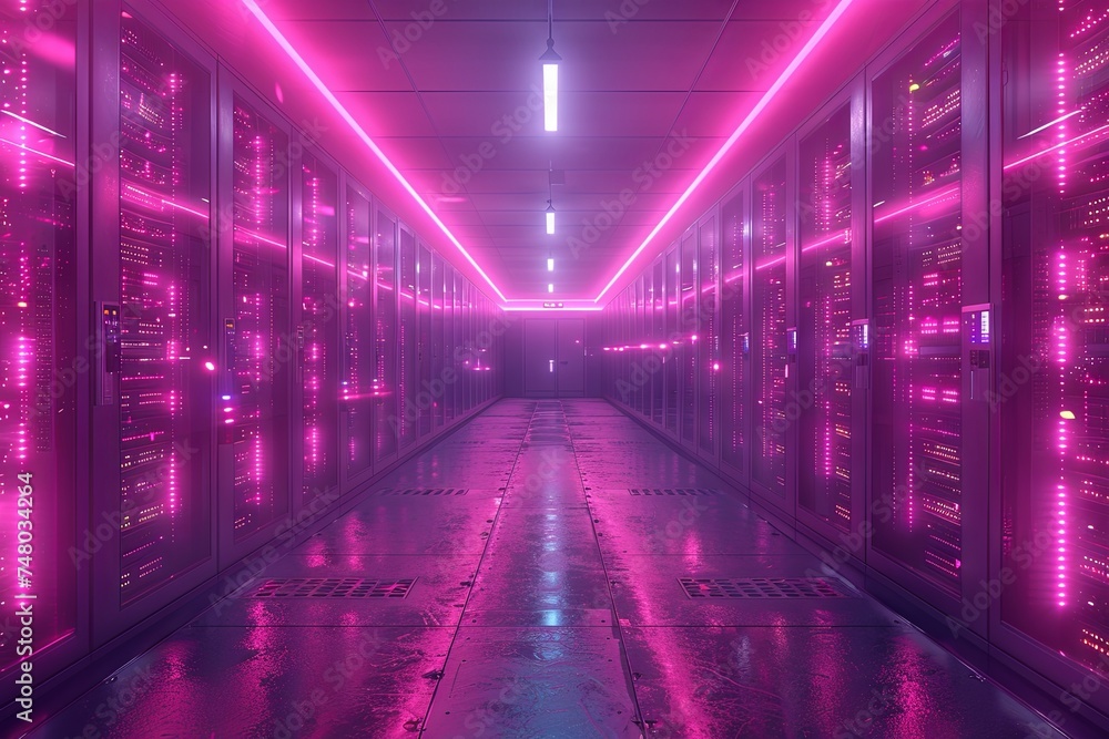 Fototapeta premium a server room with server racks in the dark, in the style of light indigo and black, glassy translucence. Generative AI
