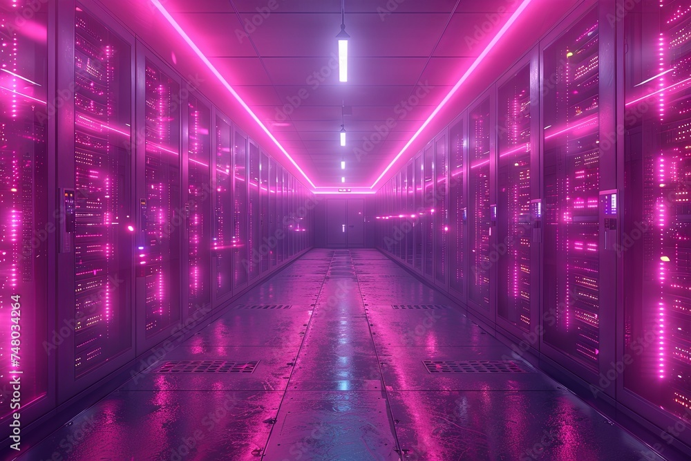 a server room with server racks in the dark, in the style of light indigo and black, glassy translucence. Generative AI