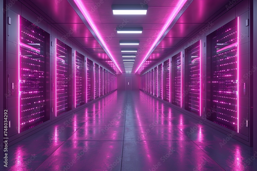 a server room with server racks in the dark, in the style of light indigo and black, glassy translucence. Generative AI a server room with server racks in the dark, in the style of light indigo and black, glassy translucence. Generative AI