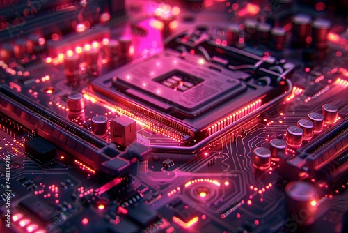 hardware chip isolated on black background electrical circuit board rendering abstract computer, neon-infused digitalism. Generative AI.