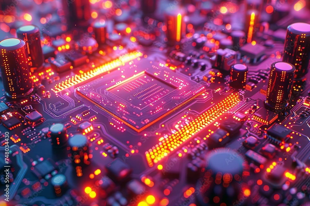 hardware chip isolated on black background electrical circuit board rendering abstract computer, neon-infused digitalism. Generative AI - obrazy, fototapety, plakaty 