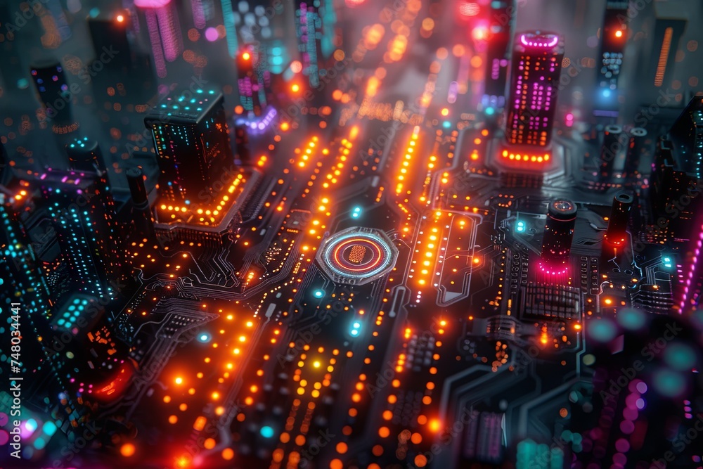 hardware chip isolated on black background electrical circuit board rendering abstract computer, neon-infused digitalism. Generative AI hardware chip isolated on black background electrical circuit board rendering abstract computer, neon-infused digitalism. Generative AI