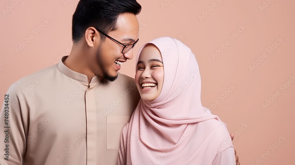 Happy Asian muslim couple family portrait close up copy space Happy Asian muslim couple family portrait close up copy space