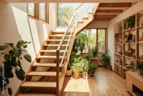 Wooden staircase with clean lines and natural wood tones, bathed in soft, natural light from a skylight. Greenery peeks through a window at the landing. photo