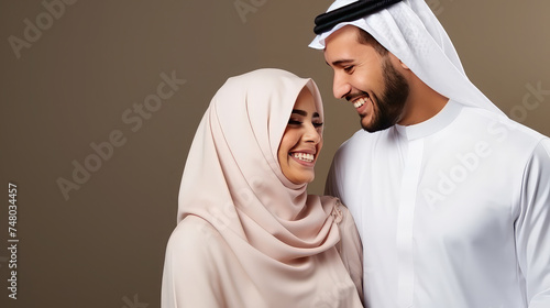 Happy muslim couple family portrait close up copy space photo